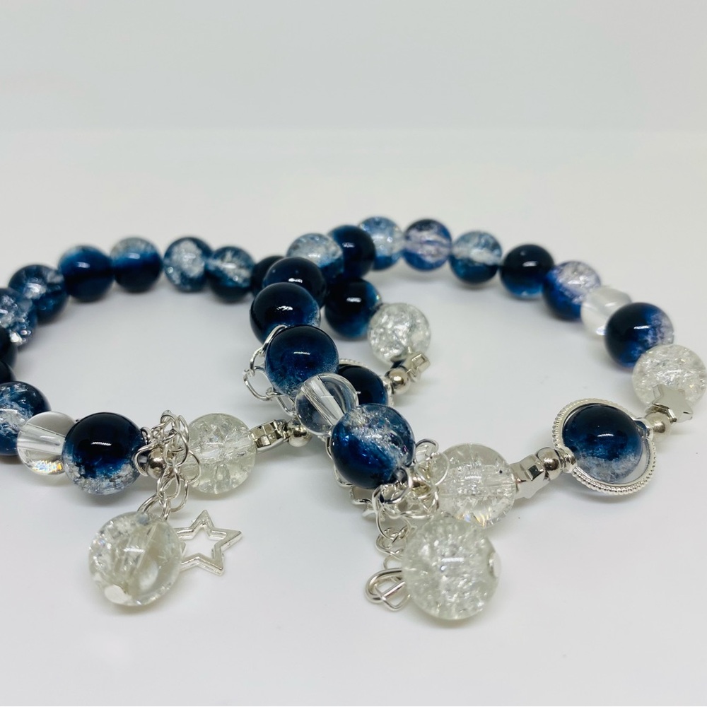 (2 pcs) Elegant Blue and Silver Beaded Bracelet Set | Blue Marble Bracelet